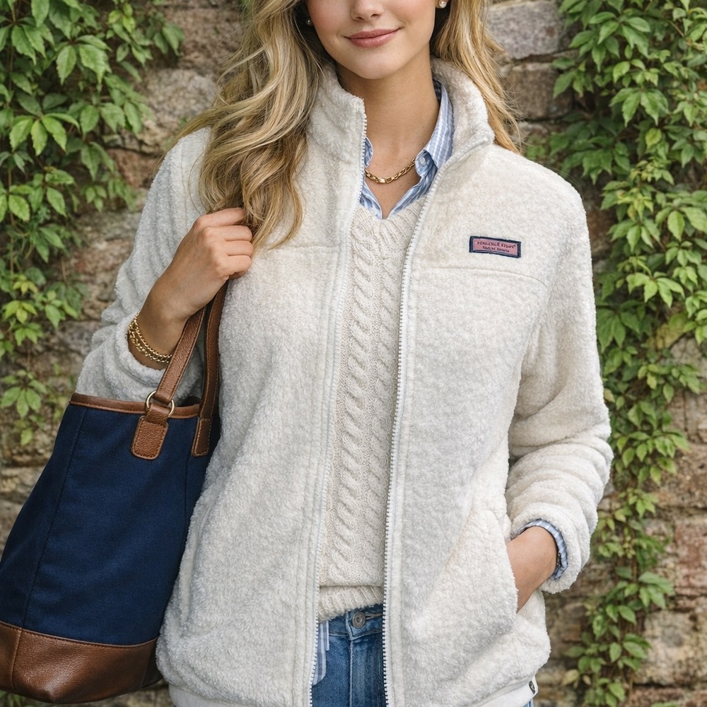 VINRYARD VINES Ivory Zip Front Long Sleeve Fleece Jacket, XS - Picture 2 of 14